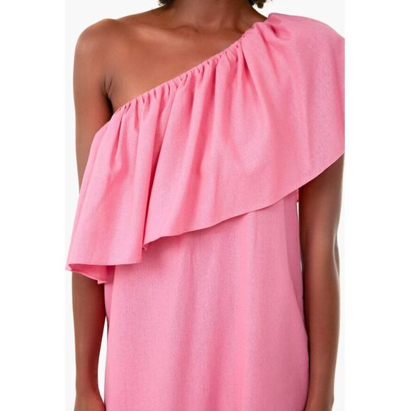 NWOT Pomander Place Flamingo Pink Florencia linen One Shoulder Dress, Small $168 - Picture 2 of 8